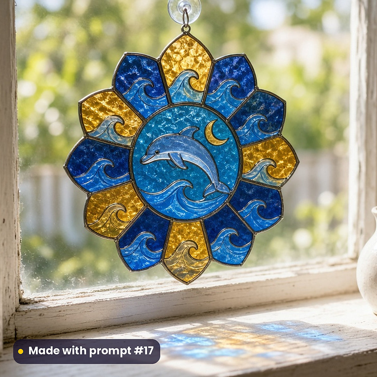Dolphins stained glass prompt pack: UV-printed acrylic suncatcher in a window mockup, made with prompt #17