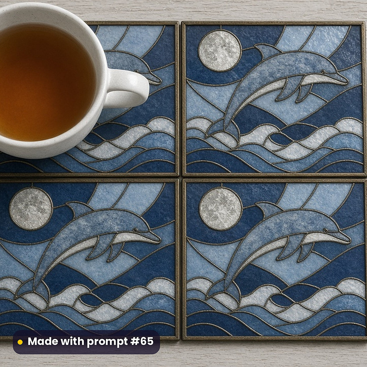 Dolphins stained glass prompt pack: set of UV-printed glass coasters mockup, made with prompt #65