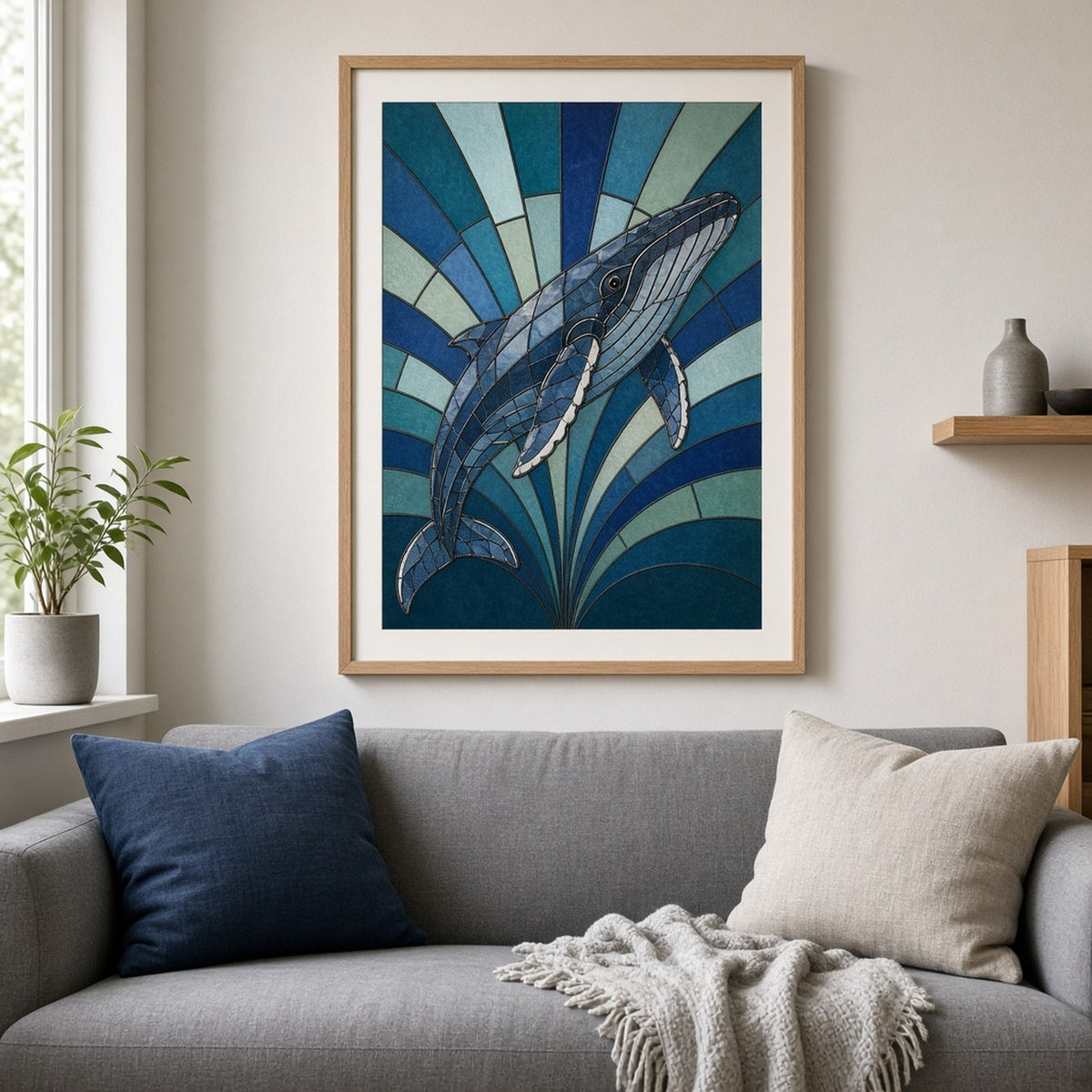 Art Deco stained-glass humpback whale breaching through a fan of teal and cobalt rays shown as a flat framed print above a sofa, made with prompt #9