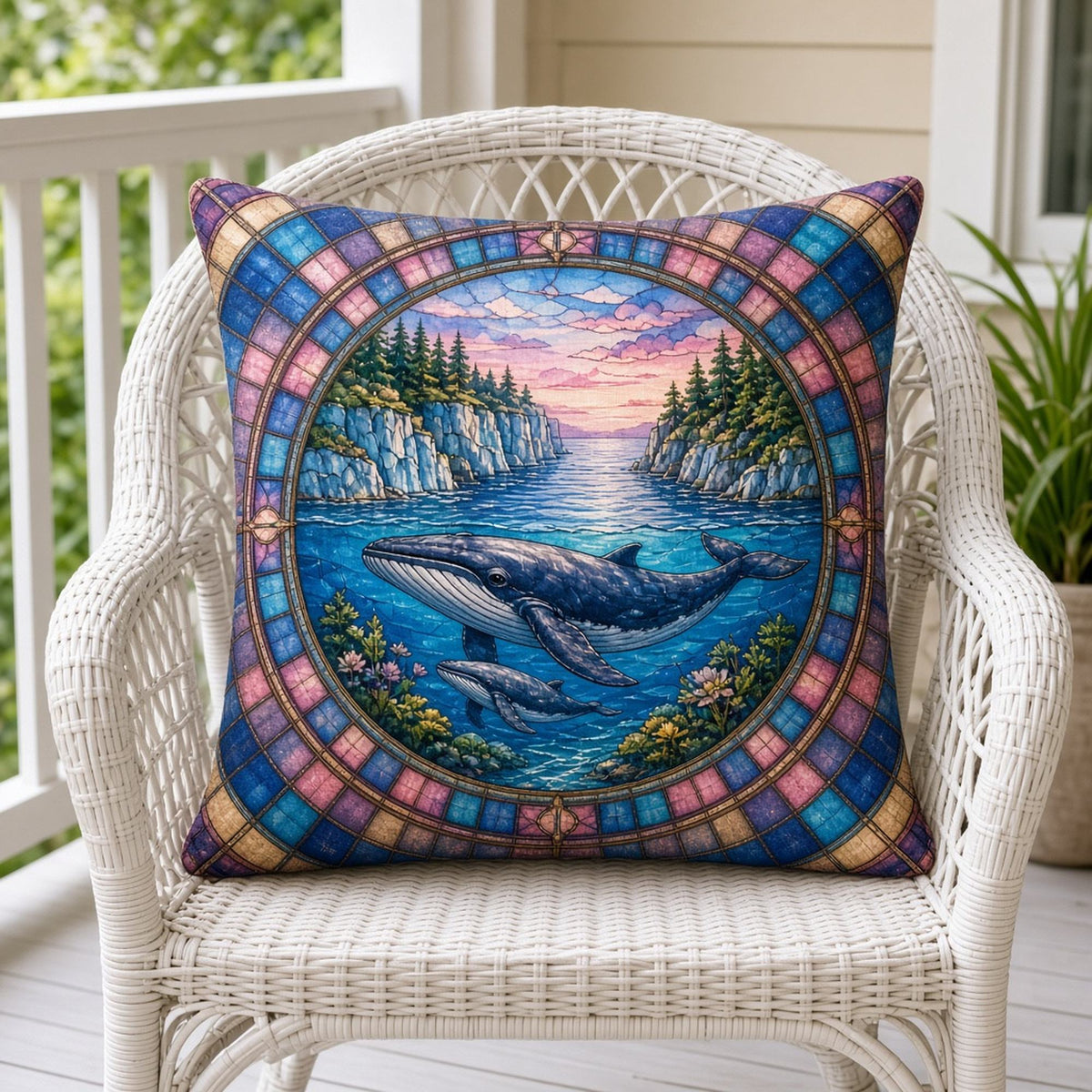 Rose-window stained-glass mother whale and calf swimming below pine-topped cliffs at pink dawn printed flat on a cushion, made with prompt #47