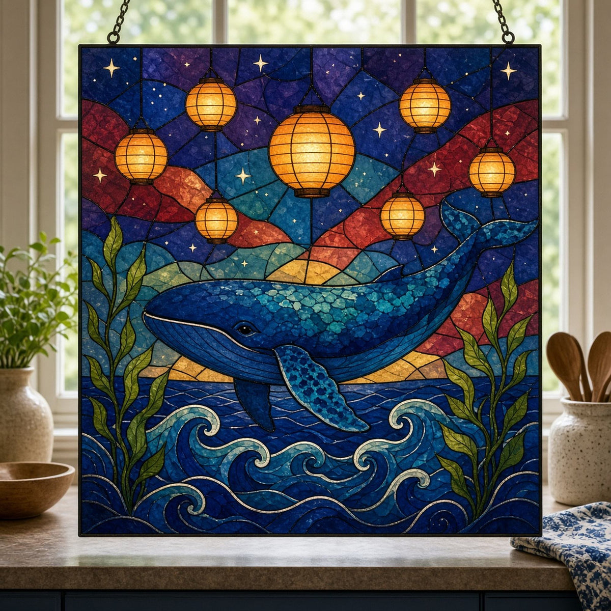 Arts and Crafts stained-glass blue whale gliding beneath glowing paper lanterns and stars between kelp fronds printed flat on an acrylic window panel, made with prompt #84