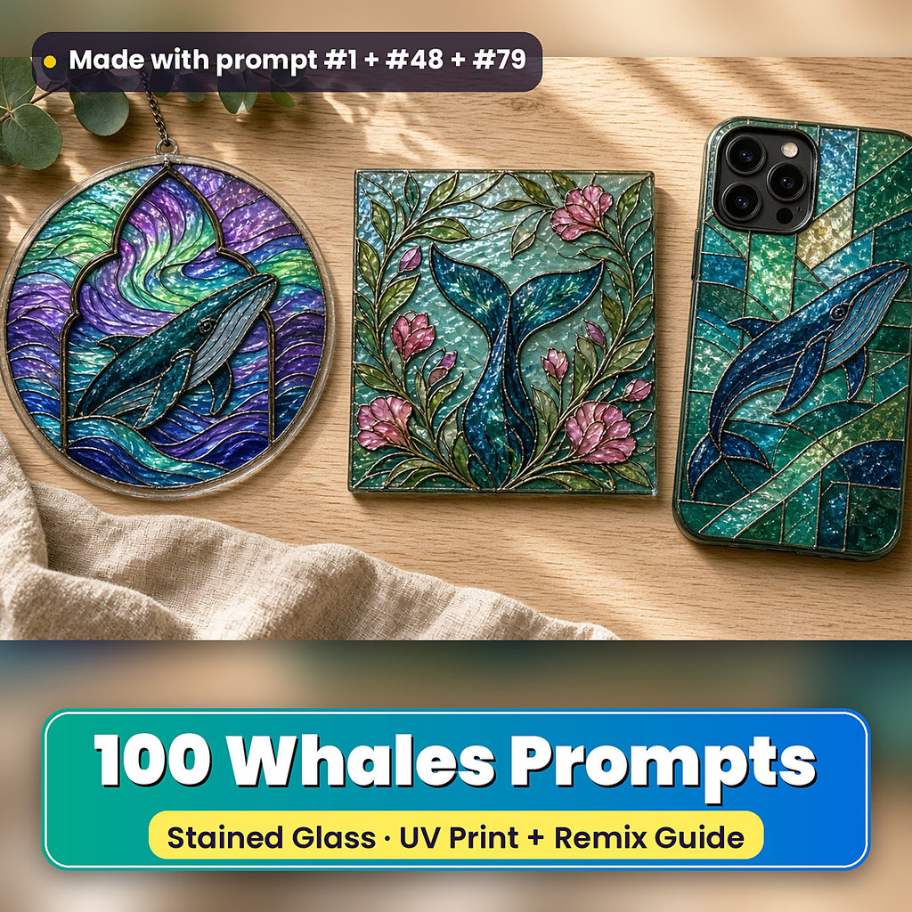 Whales stained glass prompt pack: UV-printed suncatcher, coaster and phone case set mockup, made with prompt #1 + #48 + #79