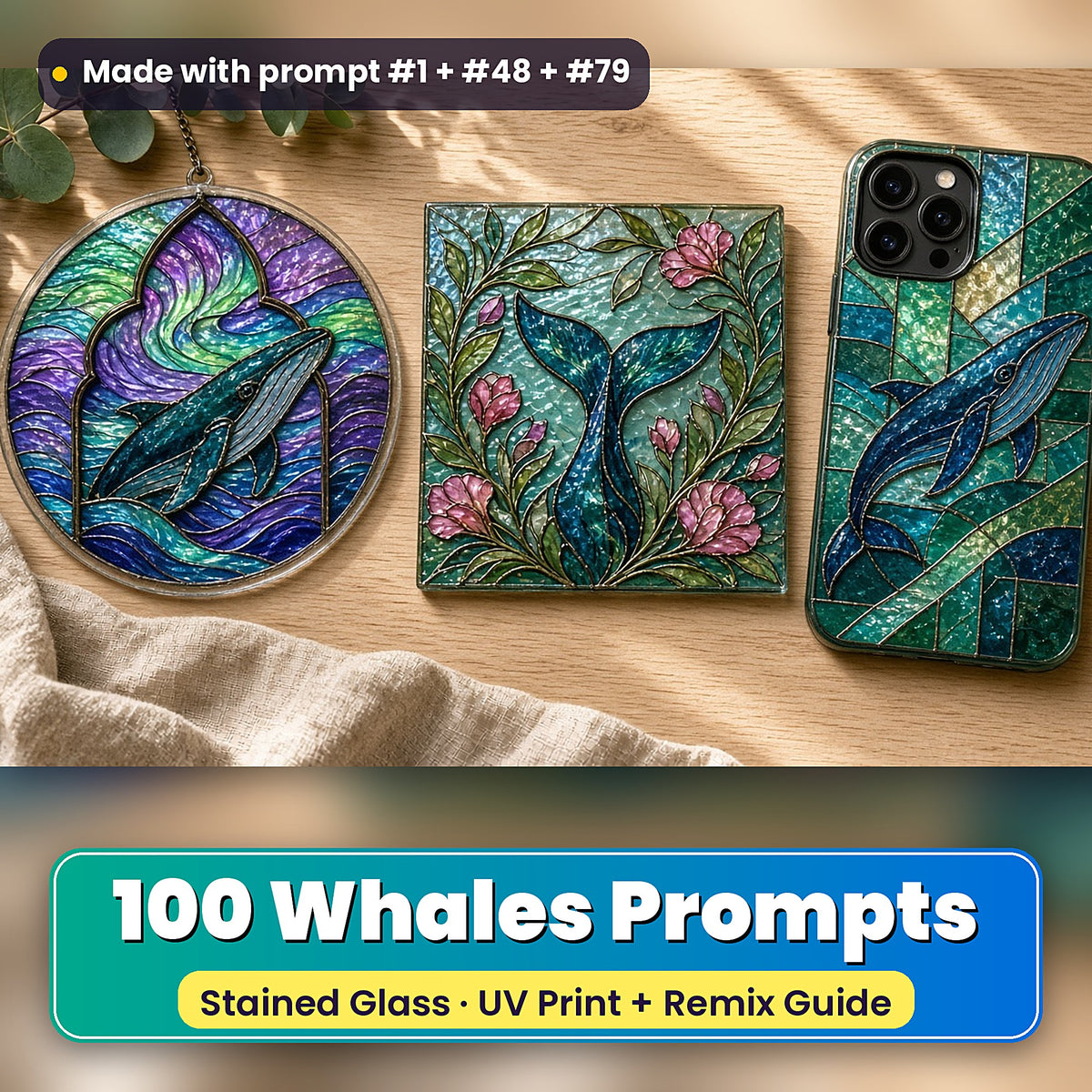Whales stained glass prompt pack: UV-printed suncatcher, coaster and phone case set mockup, made with prompt #1 + #48 + #79