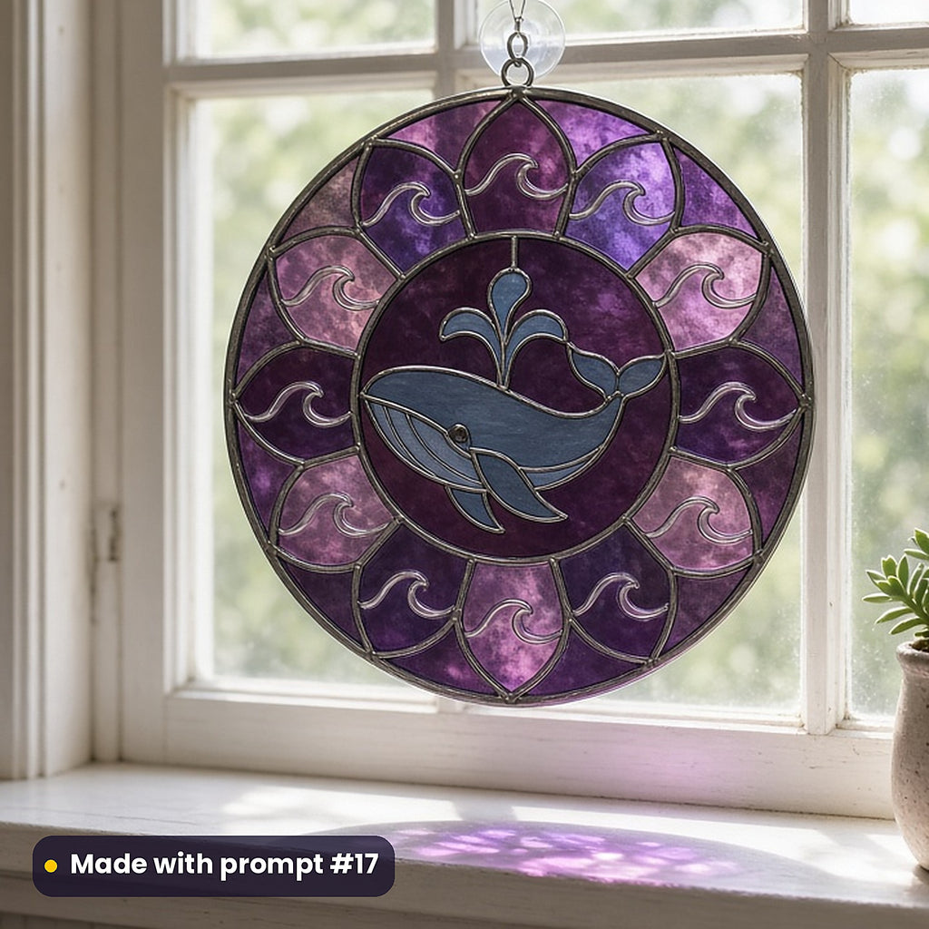 Whales stained glass prompt pack: UV-printed acrylic suncatcher in a window mockup, made with prompt #17