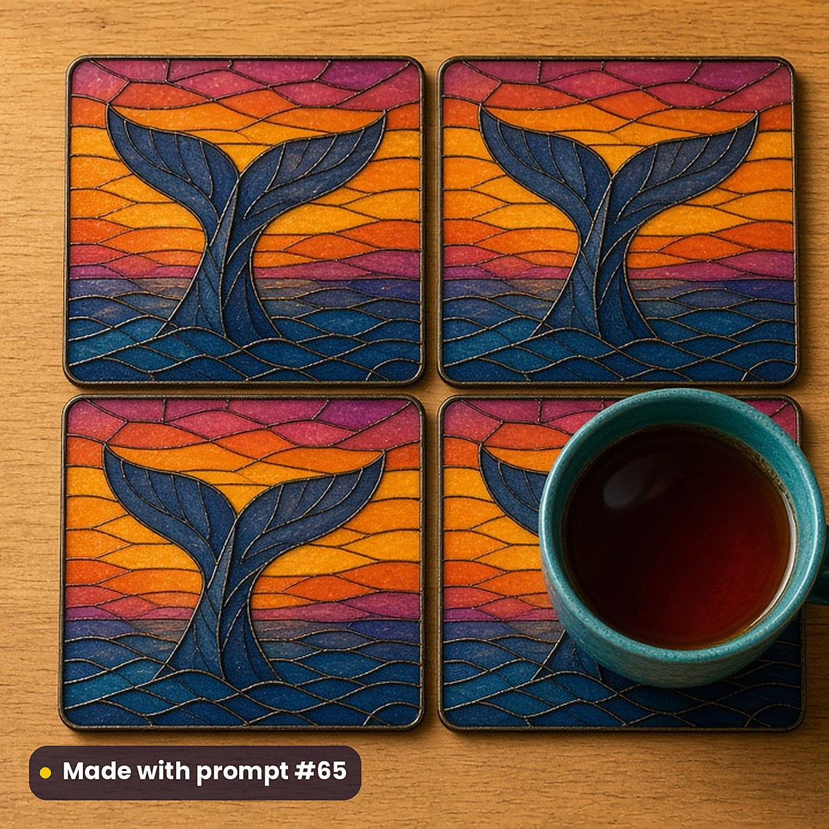 Whales stained glass prompt pack: set of UV-printed glass coasters mockup, made with prompt #65