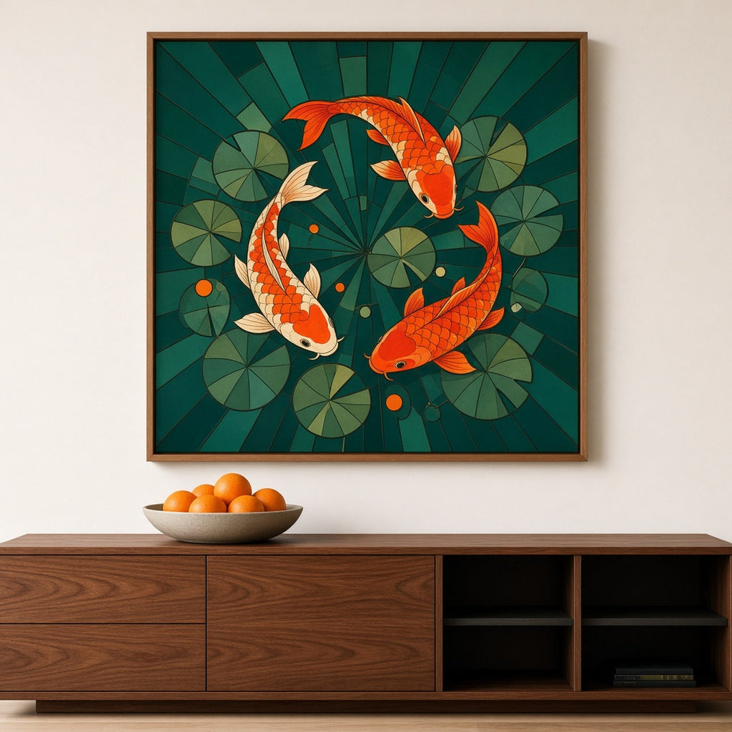 Art Deco stained-glass trio of koi circling among lily pads on a jade sunburst shown as a flat framed print above a sideboard, made with prompt #9