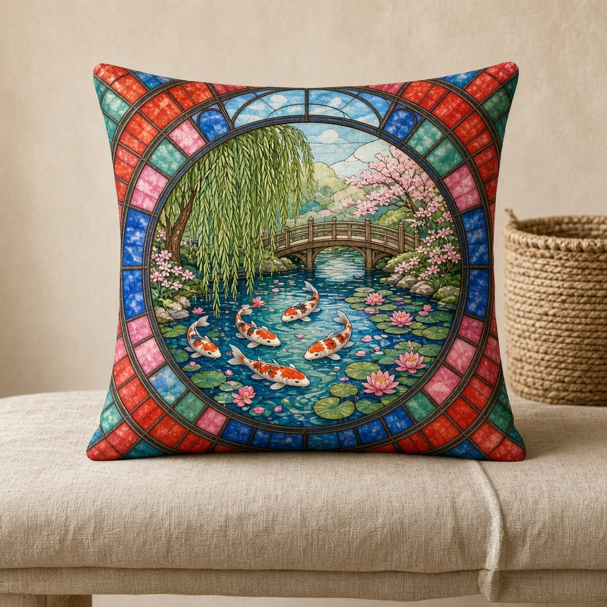 Rose-window stained-glass koi swimming in a lily pond beneath a weeping willow, blossom trees and a wooden footbridge printed flat on a cushion, made with prompt #47