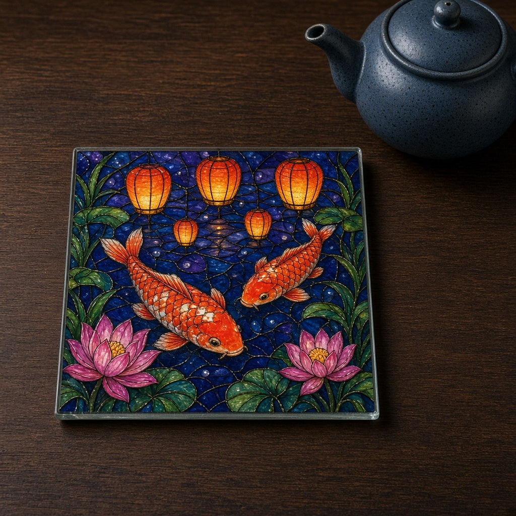 Arts and Crafts stained-glass pair of koi swimming beneath glowing paper lanterns between pink lotus flowers printed flat on a glass coaster, made with prompt #84