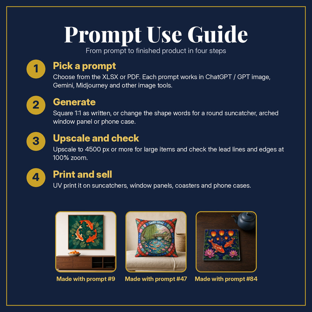 Prompt Use Guide for the Koi Fish Stained Glass Prompt Pack: pick a prompt, generate, upscale and check, print and sell, with sample products made with the pack's prompts