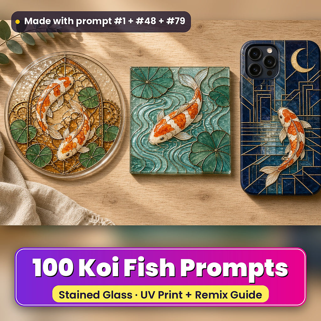Koi Fish stained glass prompt pack: UV-printed suncatcher, coaster and phone case set mockup, made with prompt #1 + #48 + #79