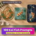 Koi Fish stained glass prompt pack: UV-printed suncatcher, coaster and phone case set mockup, made with prompt #1 + #48 + #79