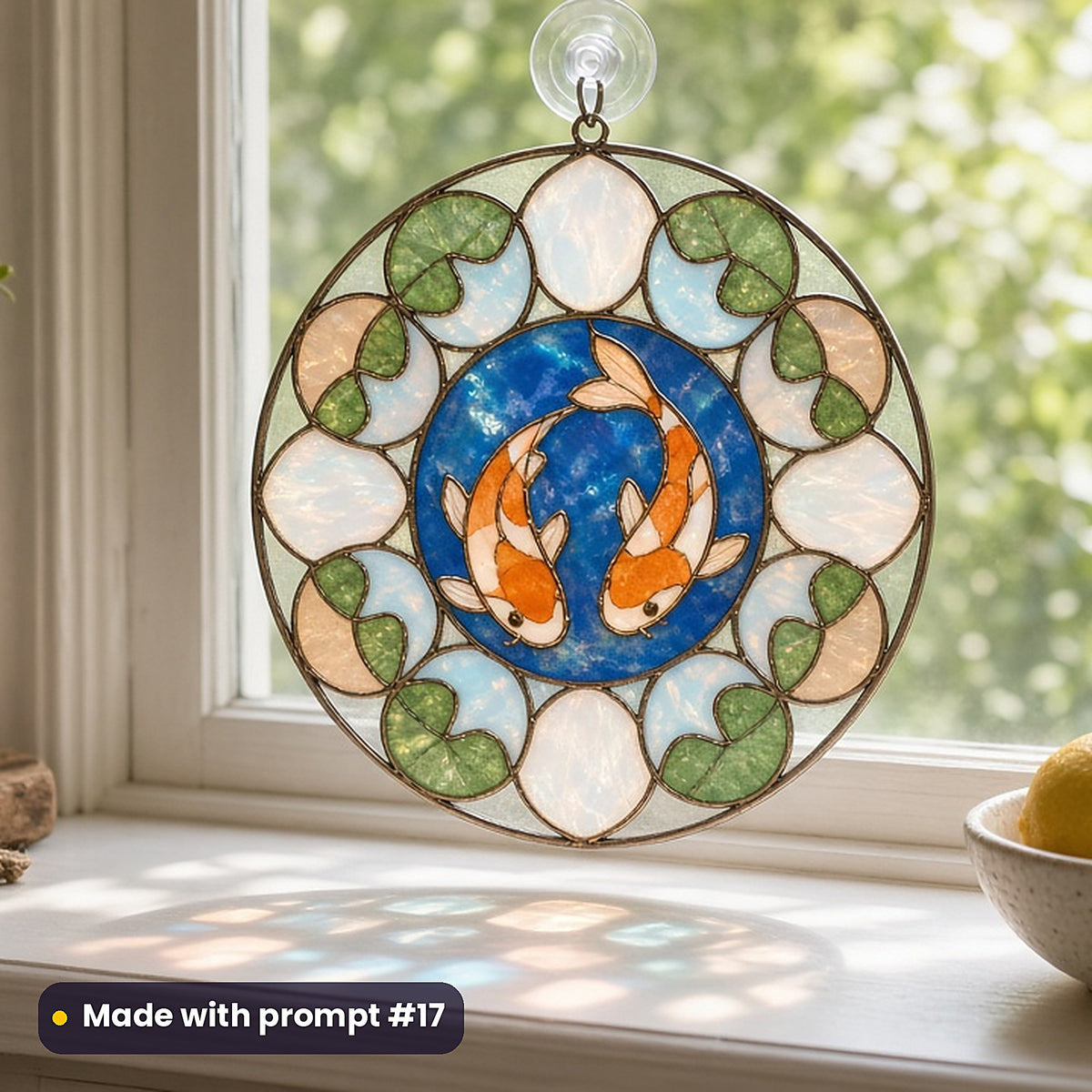 Koi Fish stained glass prompt pack: UV-printed acrylic suncatcher in a window mockup, made with prompt #17
