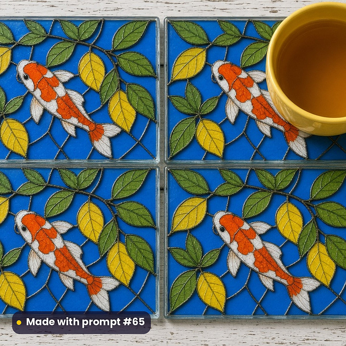 Koi Fish stained glass prompt pack: set of UV-printed glass coasters mockup, made with prompt #65