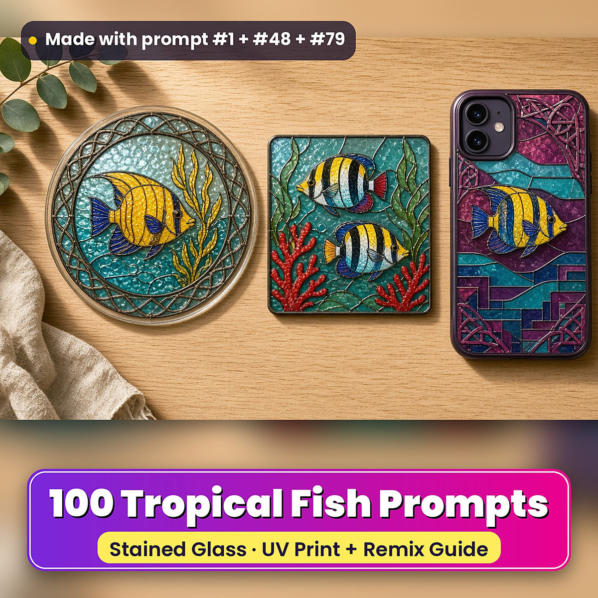 Tropical Fish stained glass prompt pack: UV-printed suncatcher, coaster and phone case set mockup, made with prompt #1 + #48 + #79