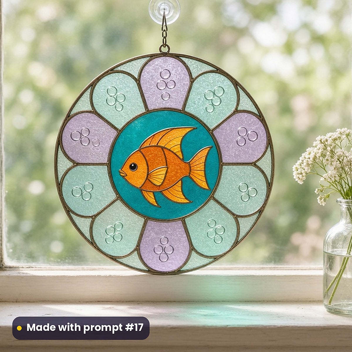 Tropical Fish stained glass prompt pack: UV-printed acrylic suncatcher in a window mockup, made with prompt #17