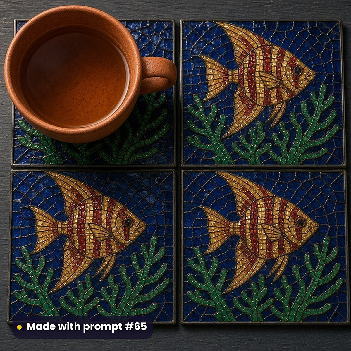 Tropical Fish stained glass prompt pack: set of UV-printed glass coasters mockup, made with prompt #65