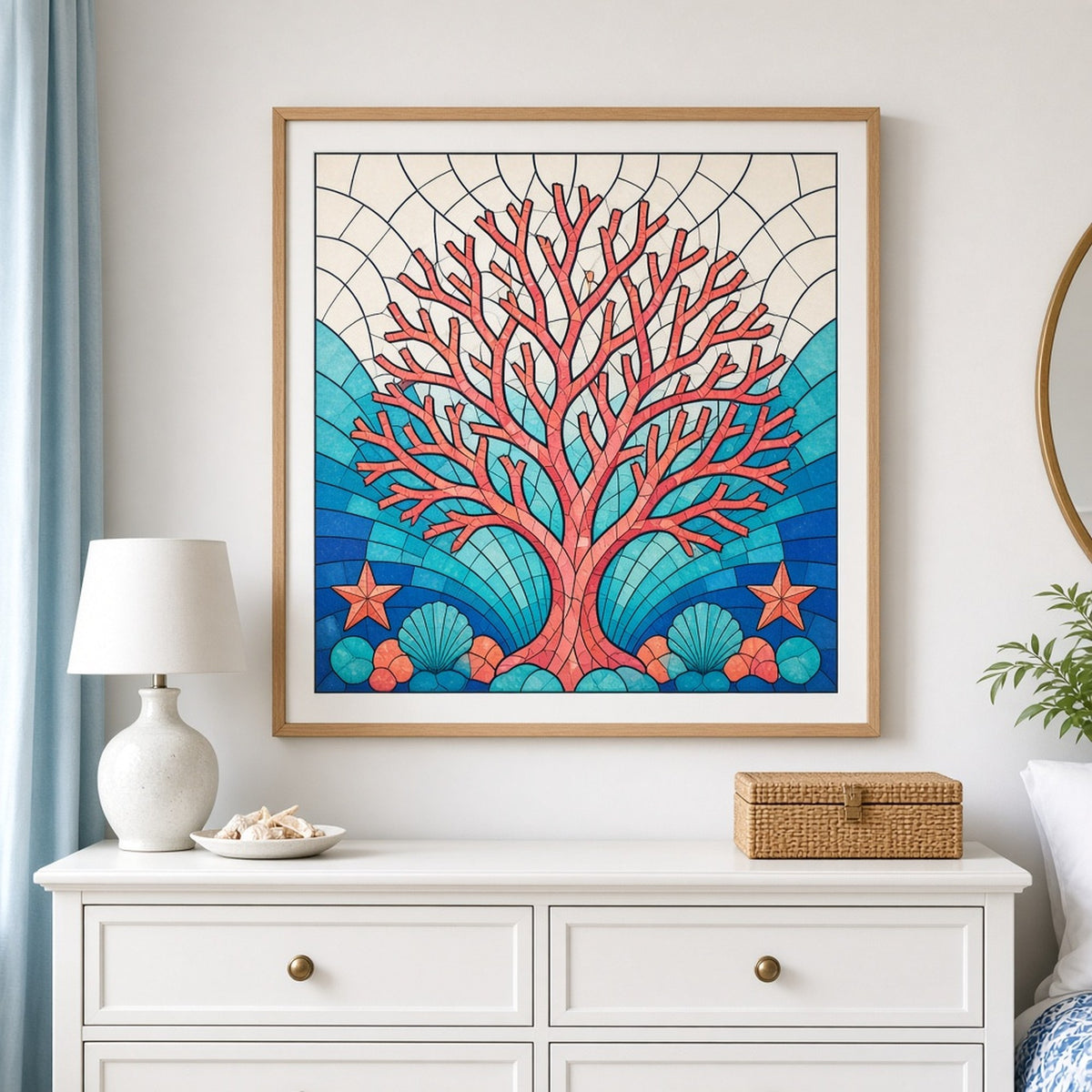 Art Deco stained-glass branching coral tree with shells and sea stars over turquoise rays shown as a flat framed print above a dresser, made with prompt #9