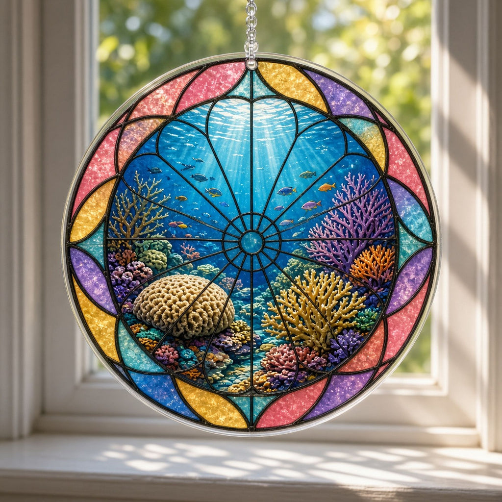 Rose-window stained-glass coral reef with brain coral, sea fans and small fish in sunlit blue water printed flat on a round acrylic suncatcher, made with prompt #47