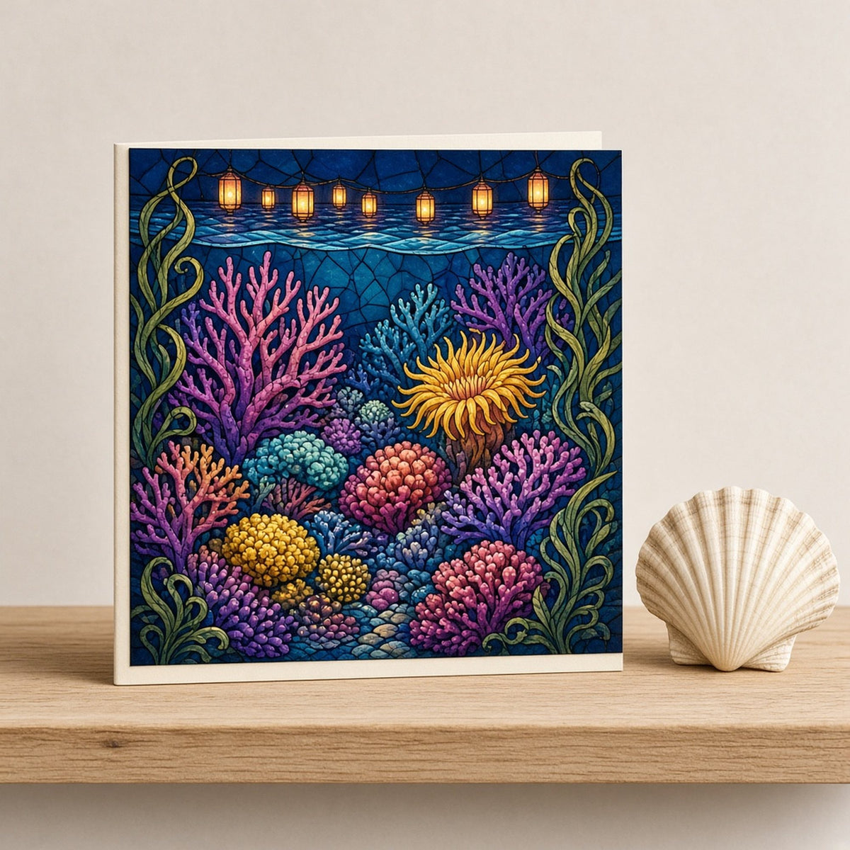 Arts and Crafts stained-glass night coral reef with glowing anemones beneath floating lanterns printed flat on a greeting card, made with prompt #84