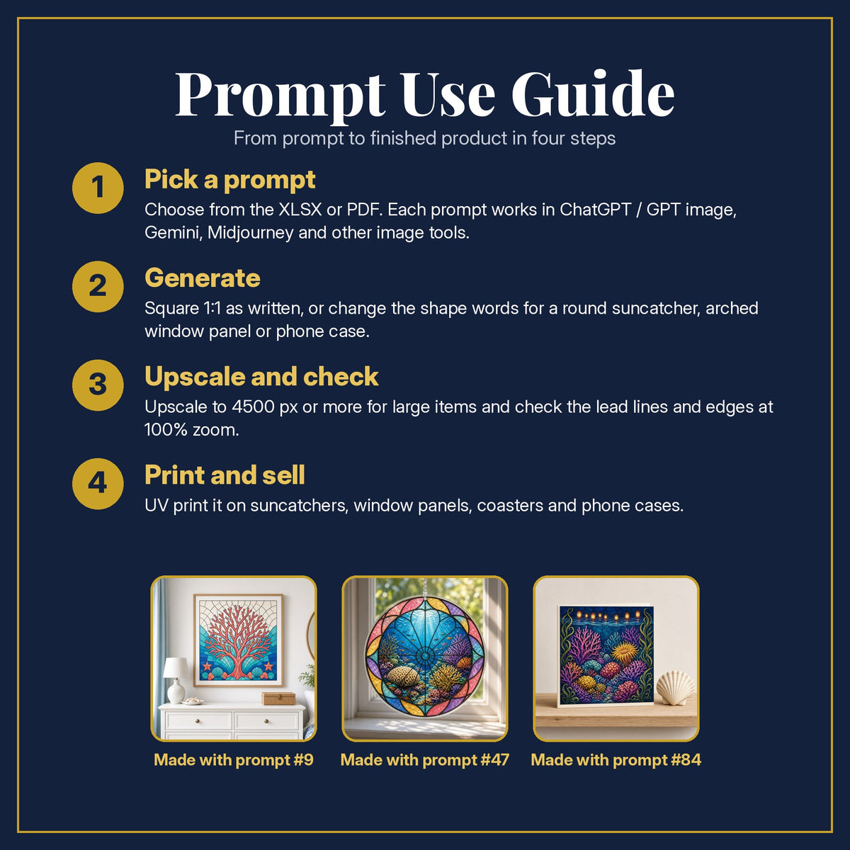 Prompt Use Guide for the Coral Reefs Stained Glass Prompt Pack: pick a prompt, generate, upscale and check, print and sell, with sample products made with the pack's prompts