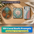 Coral Reefs stained glass prompt pack: UV-printed suncatcher, coaster and phone case set mockup, made with prompt #1 + #48 + #79