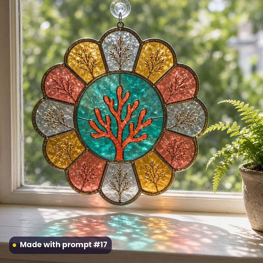 Coral Reefs stained glass prompt pack: UV-printed acrylic suncatcher in a window mockup, made with prompt #17
