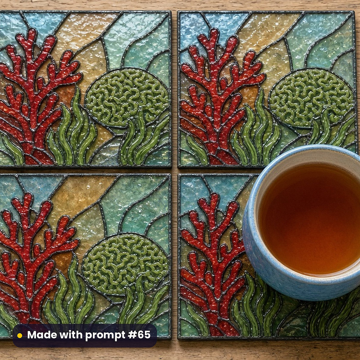 Coral Reefs stained glass prompt pack: set of UV-printed glass coasters mockup, made with prompt #65