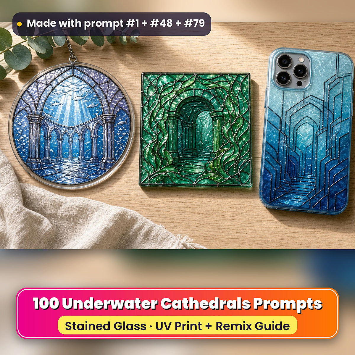 Underwater Cathedrals stained glass prompt pack: UV-printed suncatcher, coaster and phone case set mockup, made with prompt #1 + #48 + #79