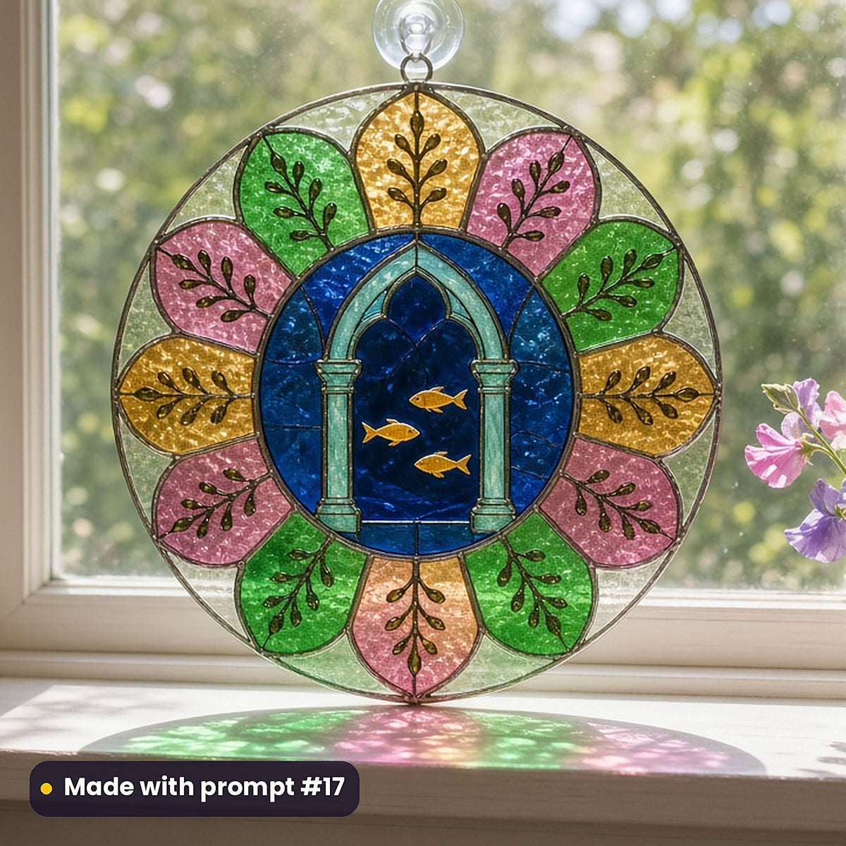 Underwater Cathedrals stained glass prompt pack: UV-printed acrylic suncatcher in a window mockup, made with prompt #17