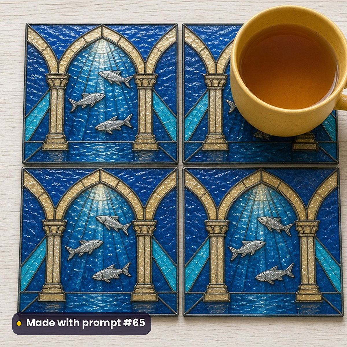 Underwater Cathedrals stained glass prompt pack: set of UV-printed glass coasters mockup, made with prompt #65