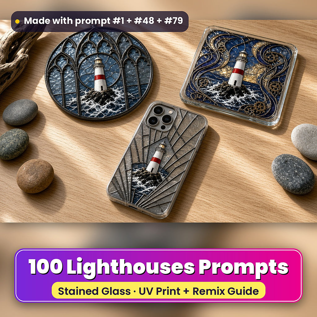 Lighthouses stained glass prompt pack: UV-printed suncatcher, coaster and phone case set mockup, made with prompt #1 + #48 + #79