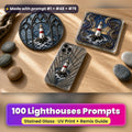 Lighthouses stained glass prompt pack: UV-printed suncatcher, coaster and phone case set mockup, made with prompt #1 + #48 + #79