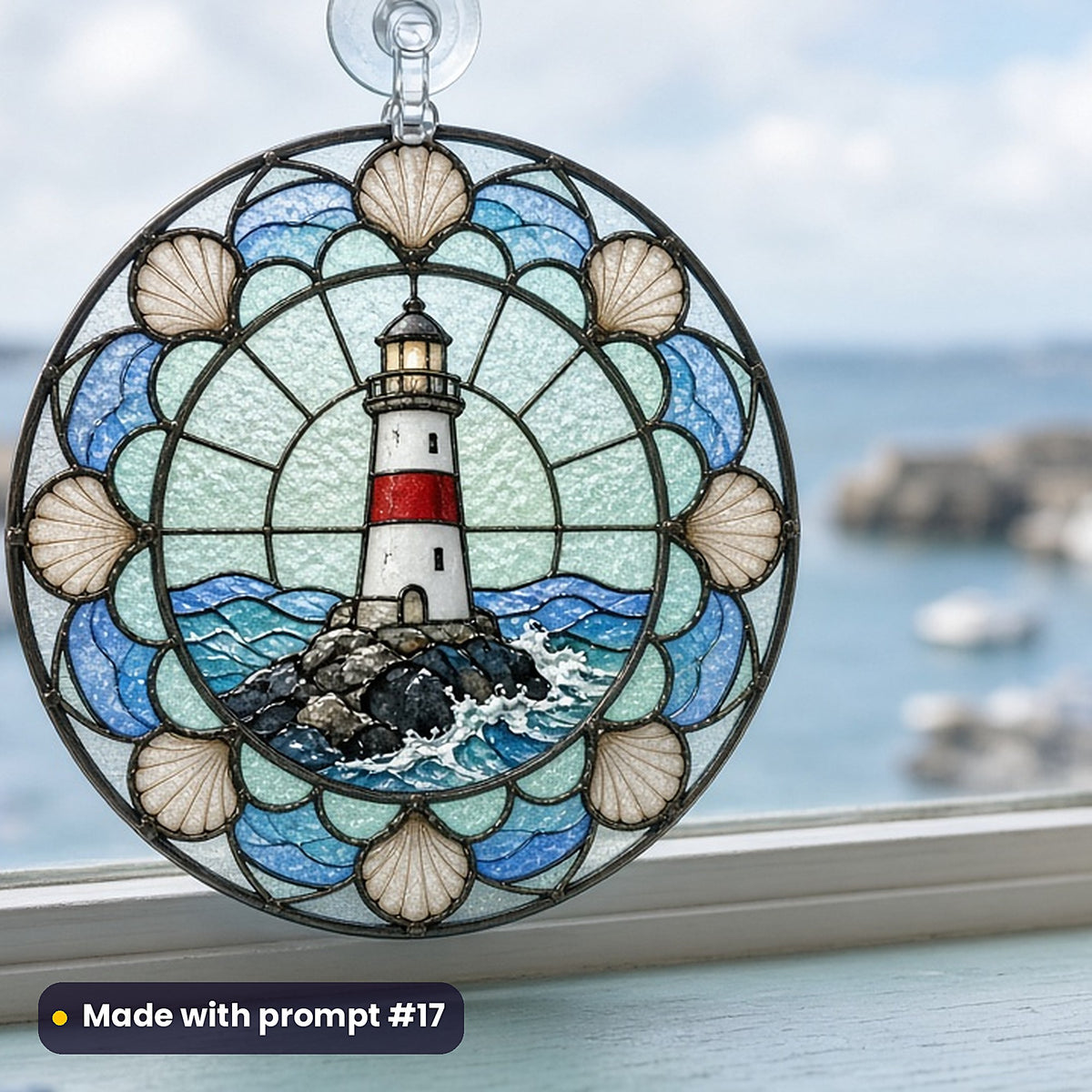Lighthouses stained glass prompt pack: UV-printed acrylic suncatcher in a window mockup, made with prompt #17