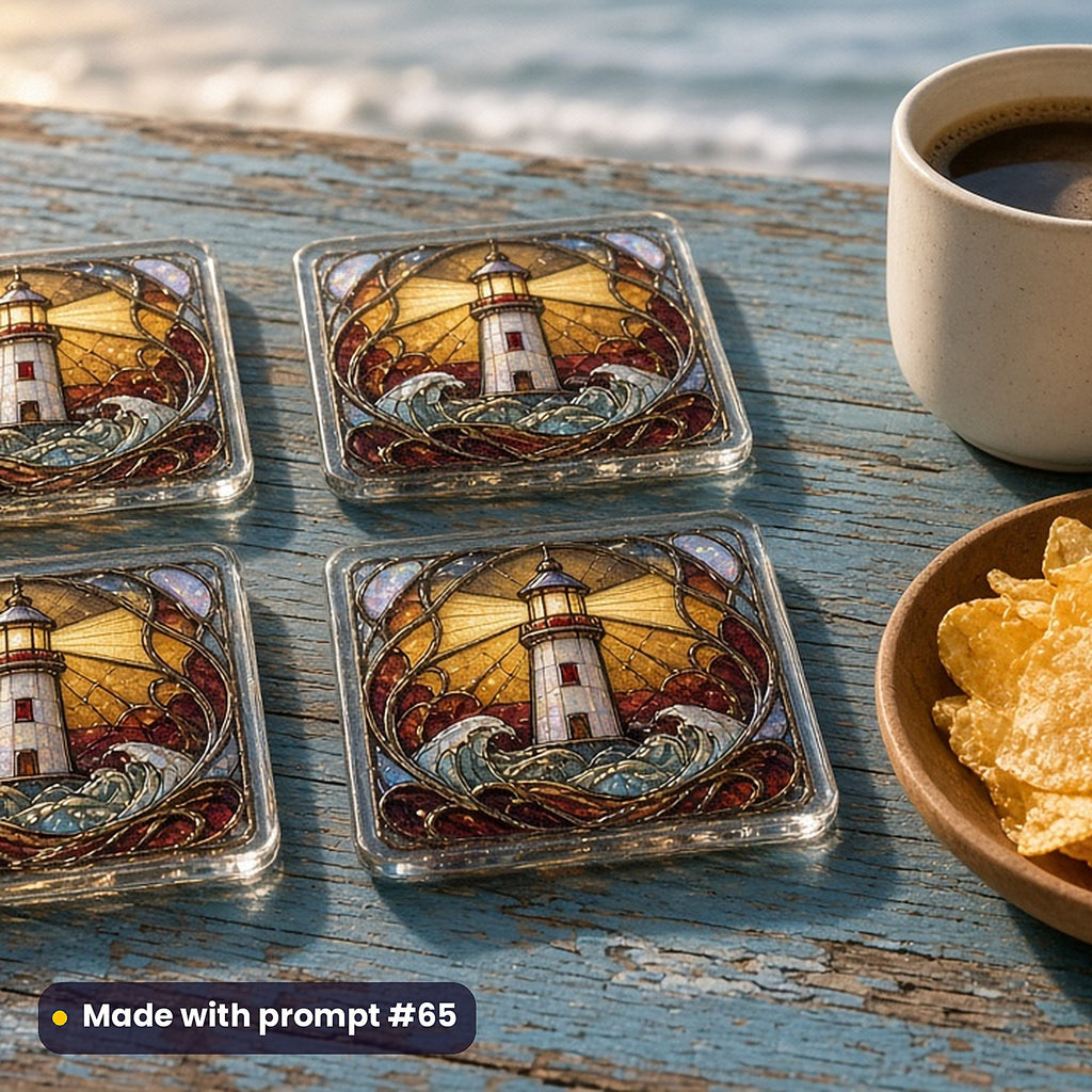 Lighthouses stained glass prompt pack: set of UV-printed glass coasters mockup, made with prompt #65