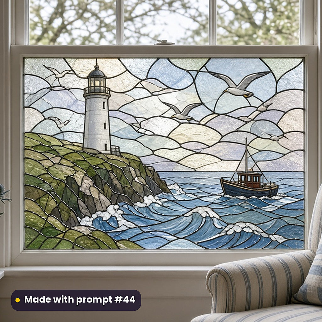 Lighthouses stained glass prompt pack: faux stained glass window panel mockup, made with prompt #44