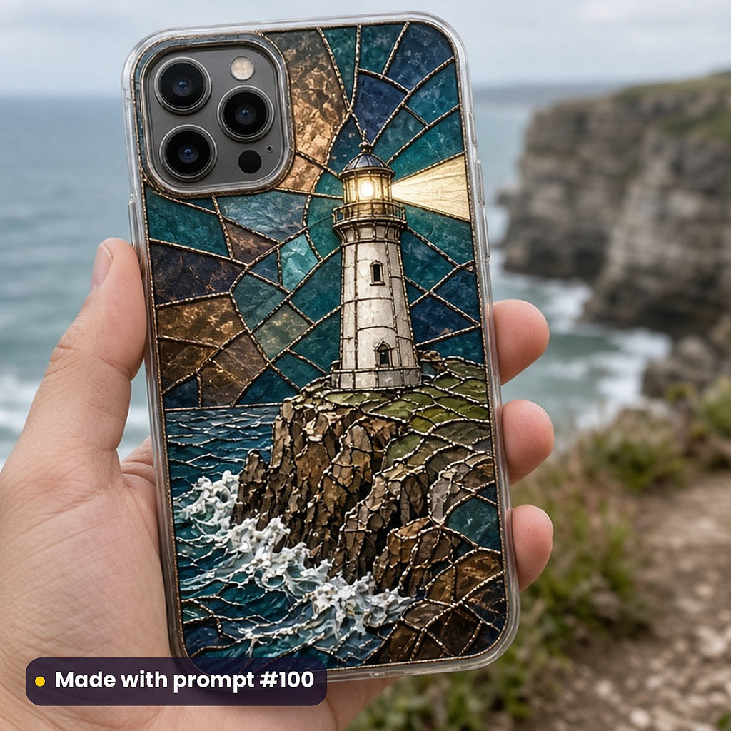 Lighthouses stained glass prompt pack: UV-printed phone case mockup, made with prompt #100