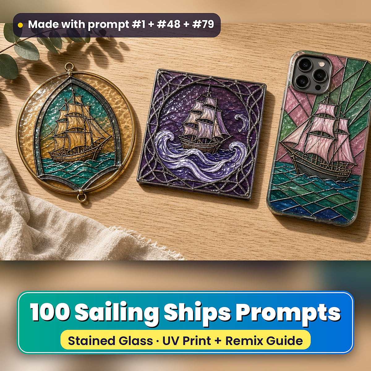 Sailing Ships stained glass prompt pack: UV-printed suncatcher, coaster and phone case set mockup, made with prompt #1 + #48 + #79