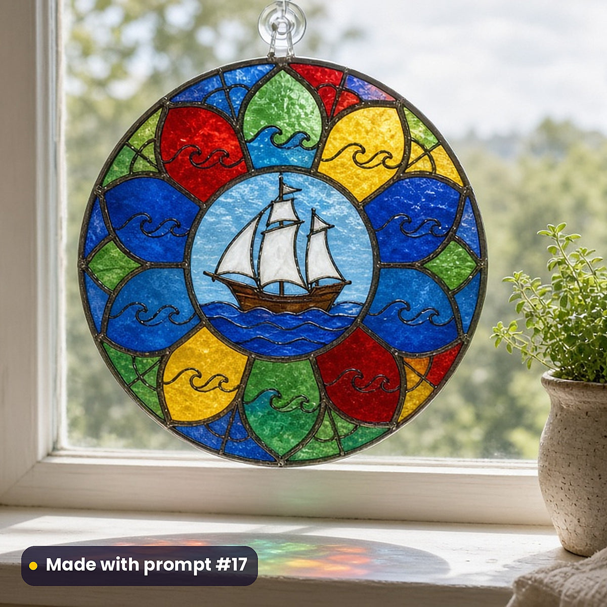 Sailing Ships stained glass prompt pack: UV-printed acrylic suncatcher in a window mockup, made with prompt #17