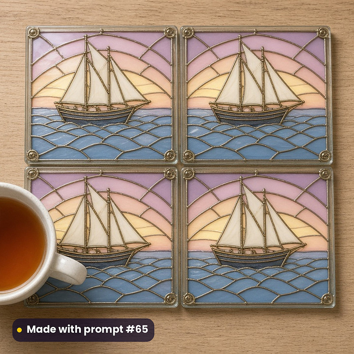 Sailing Ships stained glass prompt pack: set of UV-printed glass coasters mockup, made with prompt #65