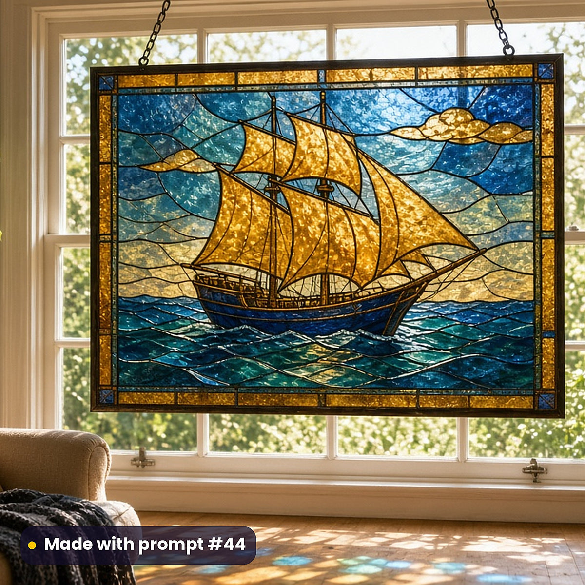 Sailing Ships stained glass prompt pack: UV-printed stained glass window panel mockup, made with prompt #44