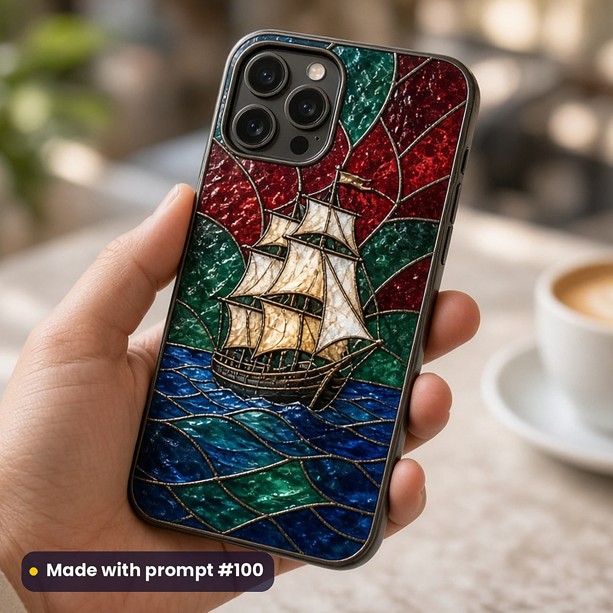 Sailing Ships stained glass prompt pack: UV-printed phone case mockup, made with prompt #100