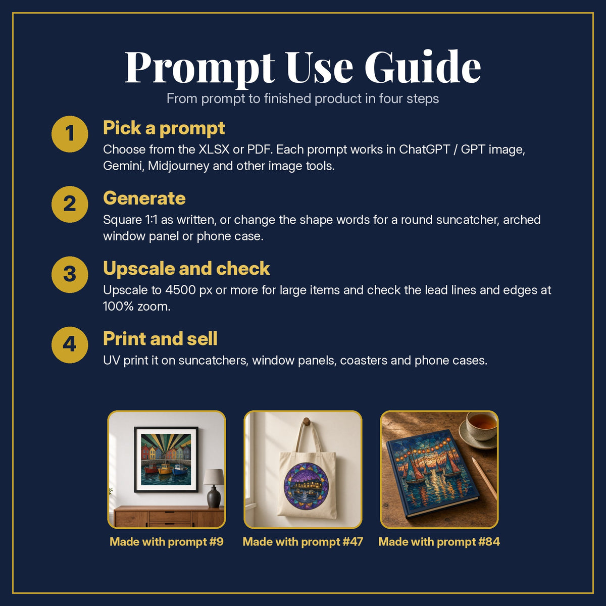 Prompt Use Guide for the Harbours Stained Glass Prompt Pack: pick a prompt, generate, upscale and check, print and sell, with sample products made with the pack's prompts
