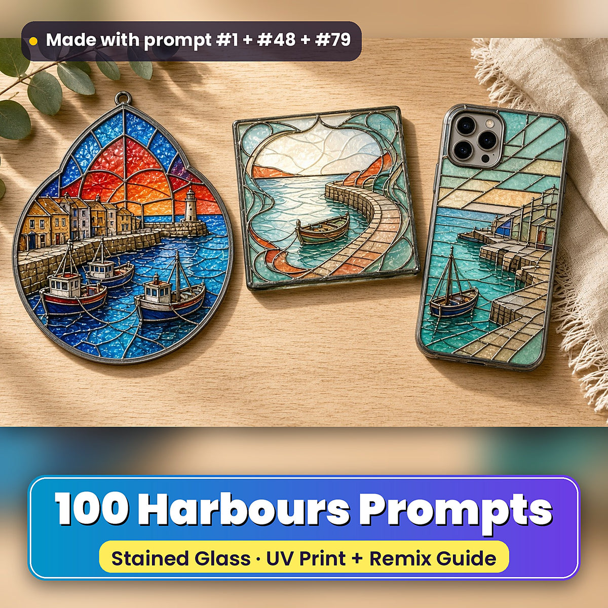 Harbours stained glass prompt pack: UV-printed suncatcher, coaster and phone case set mockup, made with prompt #1 + #48 + #79