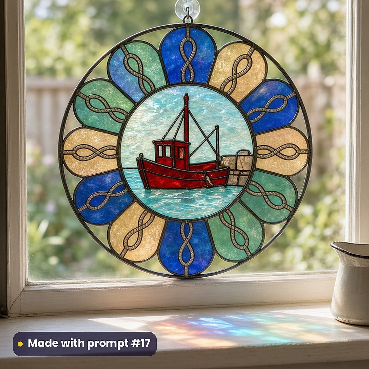 Harbours stained glass prompt pack: UV-printed acrylic suncatcher in a window mockup, made with prompt #17