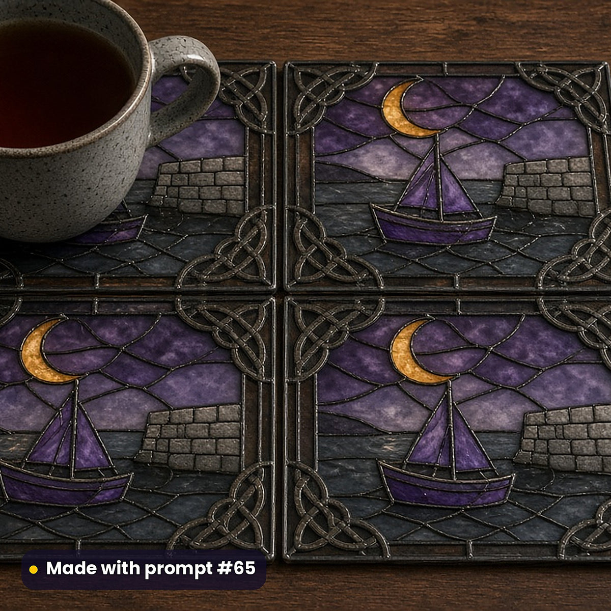 Harbours stained glass prompt pack: set of UV-printed glass coasters mockup, made with prompt #65
