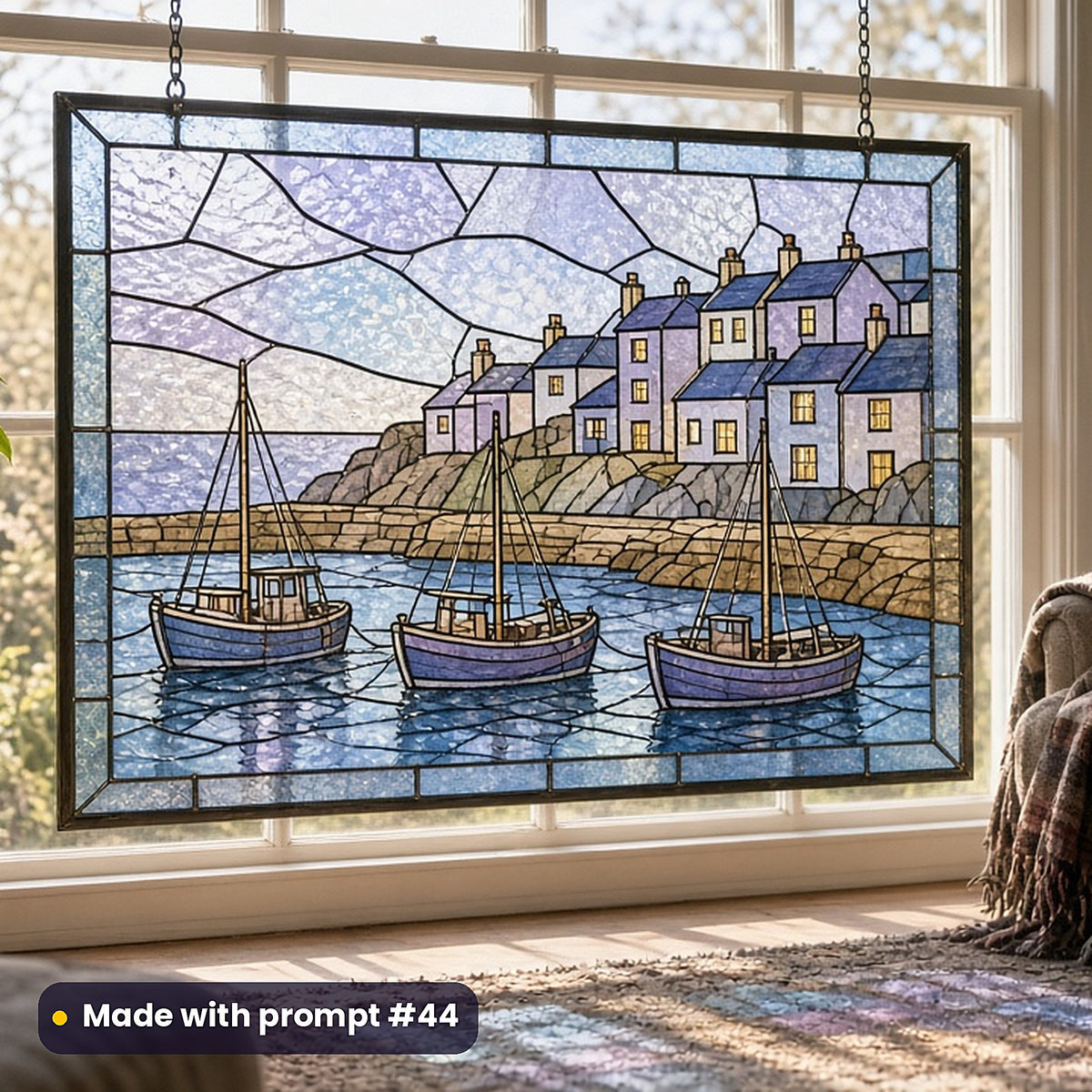 Harbours stained glass prompt pack: UV-printed stained glass window panel mockup, made with prompt #44