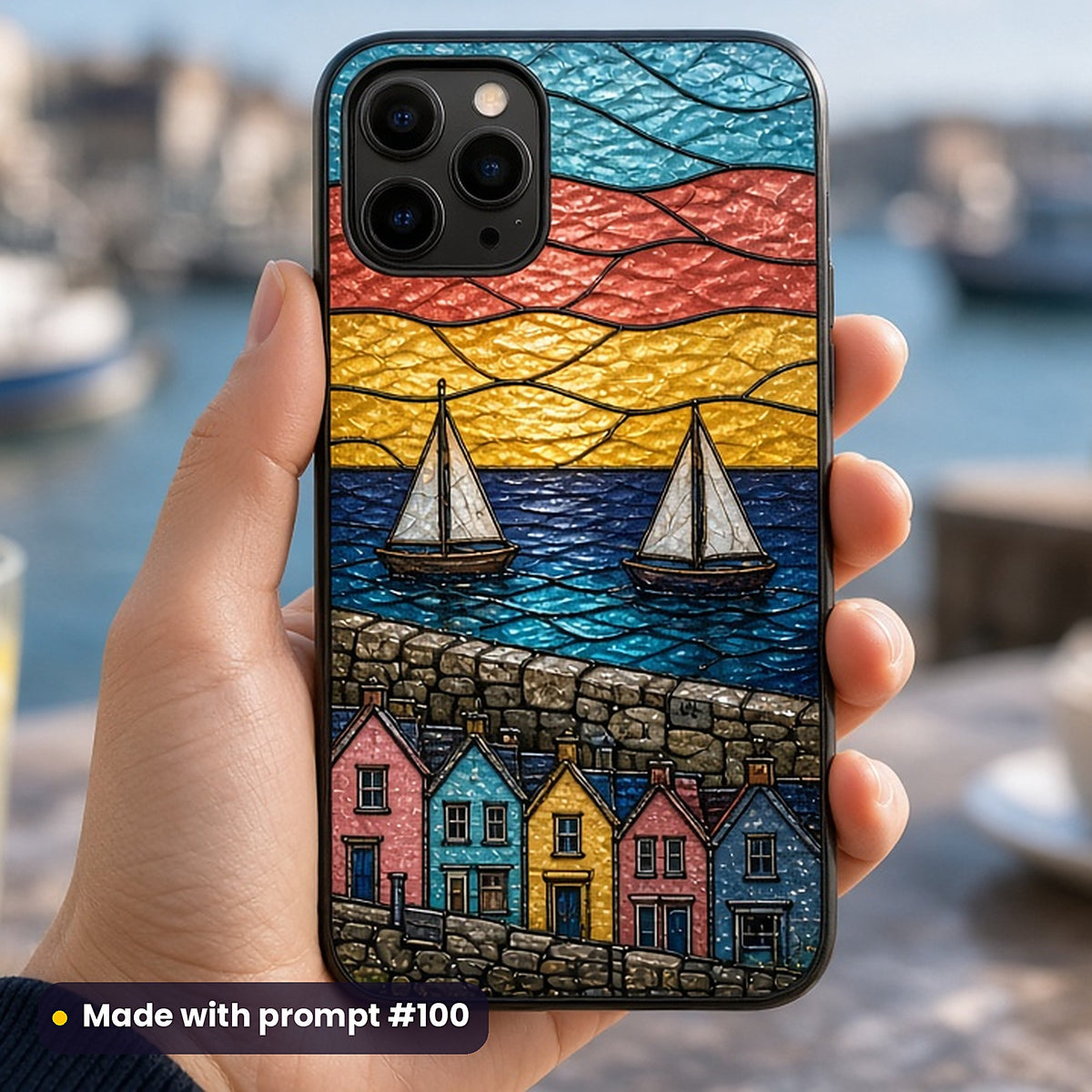 Harbours stained glass prompt pack: UV-printed phone case mockup, made with prompt #100
