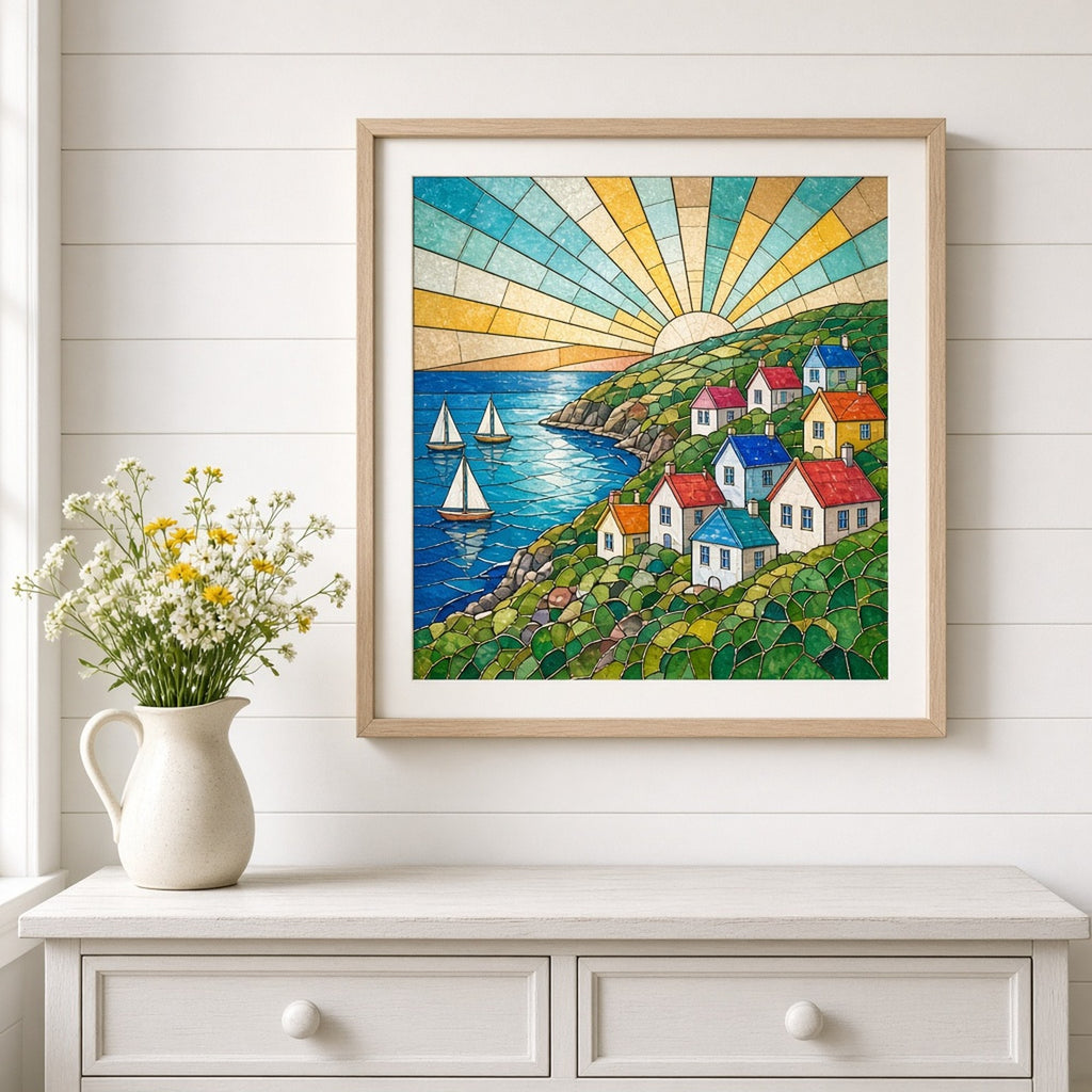 Seaside villages printed flat on a framed print, made with prompt #9: colourful cottages with red, blue and orange roofs on a green hillside above a blue bay with three sailing boats under a yellow and turquoise sunburst