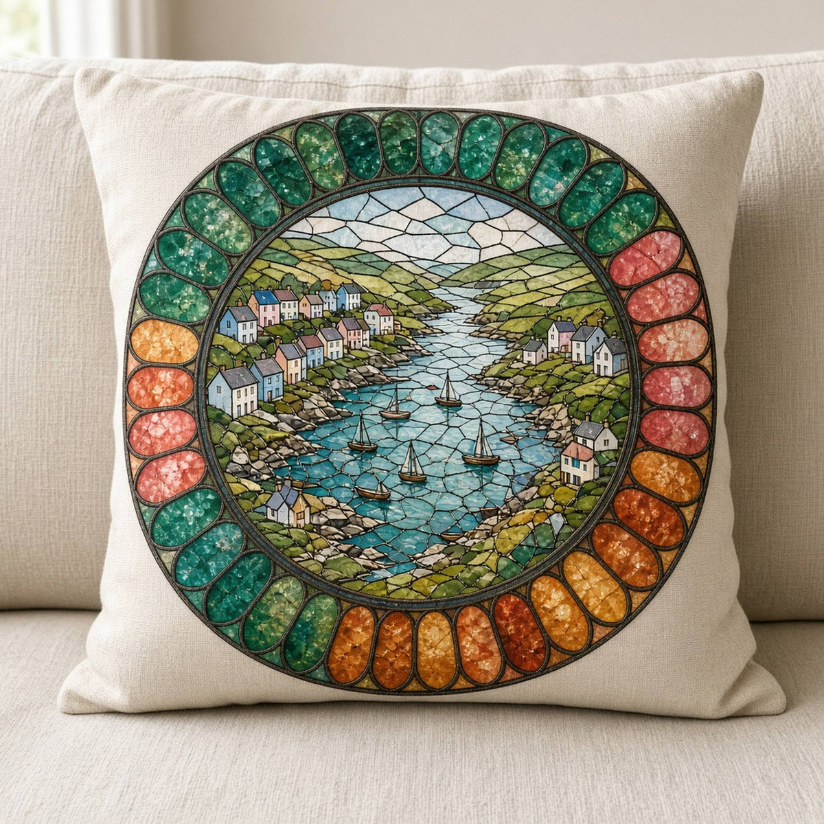 Seaside villages printed flat on a cushion, made with prompt #47: pastel cottages on green hills around a winding blue bay with small sailing boats, inside a round rose window of emerald, coral and amber panes