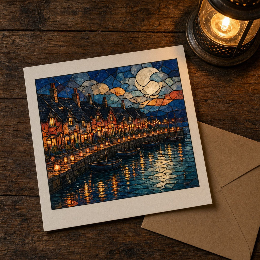 Seaside villages printed flat on a greeting card, made with prompt #84: a row of cottages with glowing windows along a harbour wall lined with lanterns, boats on blue water and a pale moon in a cobalt and amber sky